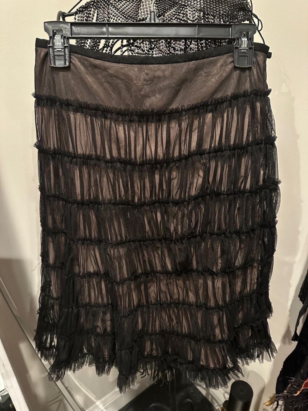 Apostrophe Black Sheer Layered Fringe Midi Skirt tan black maxi skirt